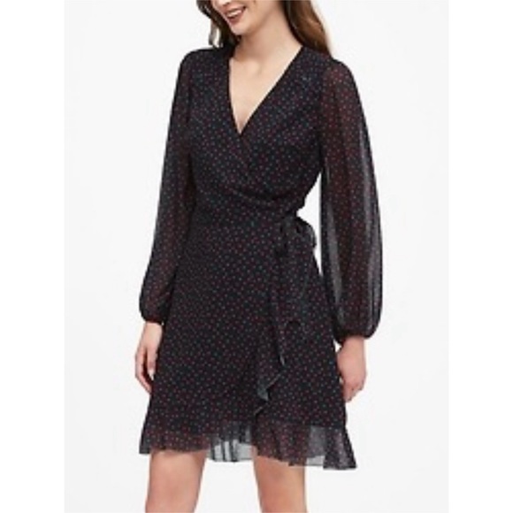 NWT Banana Republic black heart print surplice ruffle long sleeve dress (size 4) - Picture 7 of 7